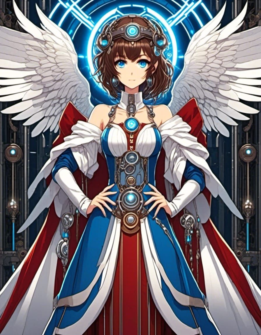 Symmetrical Steampunk Anime Goddess, short brown hair, blue eyes, white angel wings, Red & blue with steel accented robe...