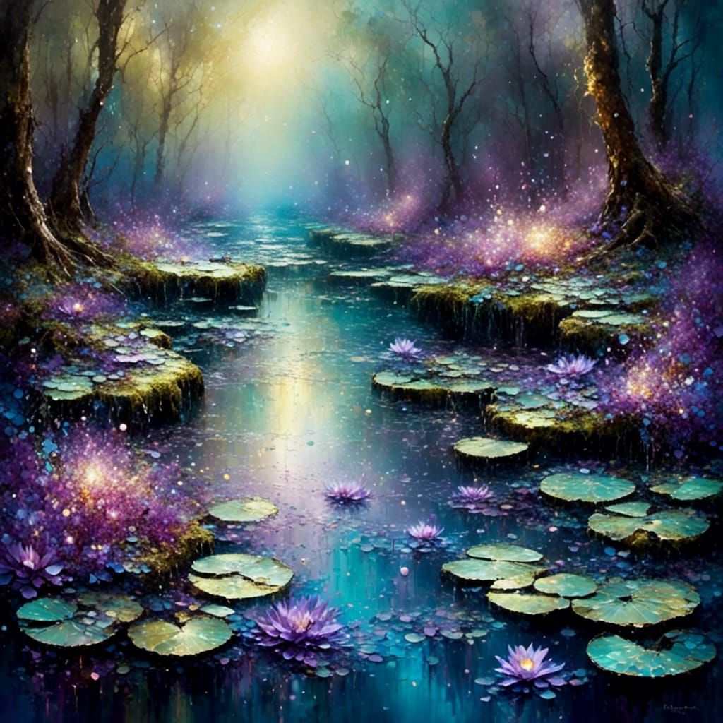 Enchanted Pond with Purple Frogs: Digital Matte Painting