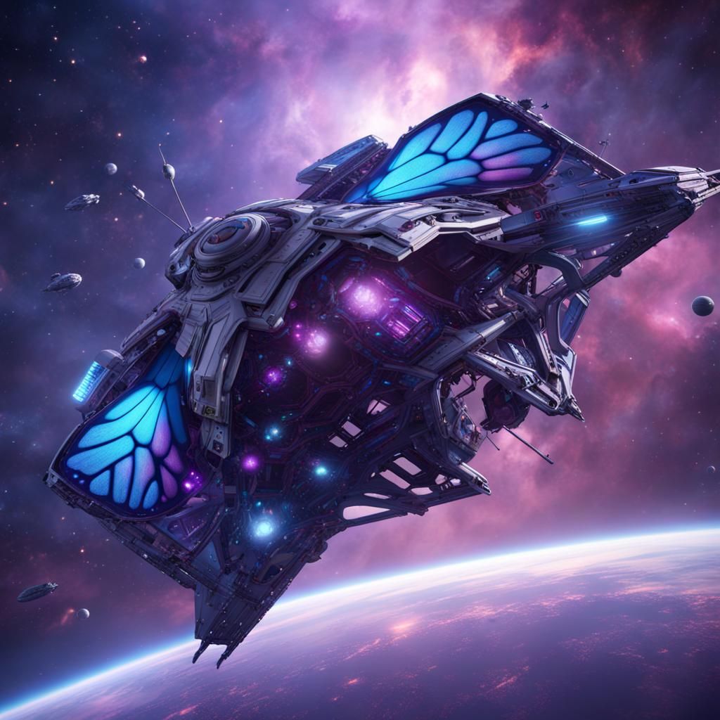 Butterfly Spaceship Soaring Through Starry Galaxy