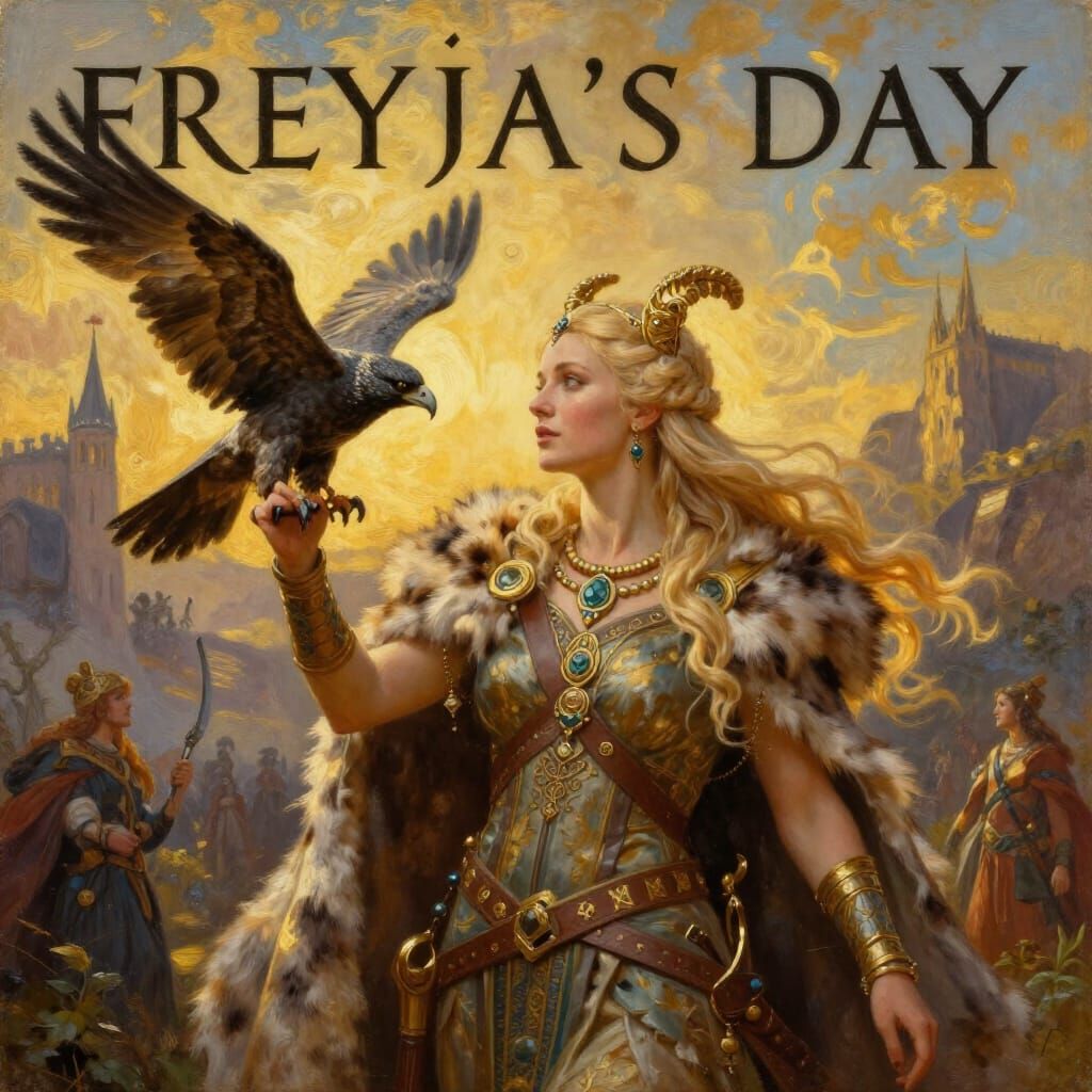 Norse Goddess Freyja with Falcon in Golden Hour Light