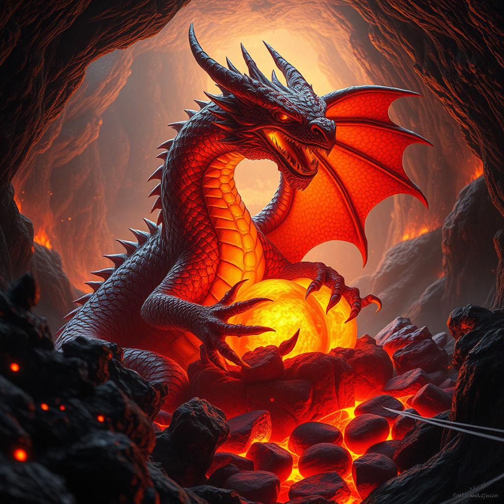 Lava Dragon Protecting Eggs in Volcano Lair