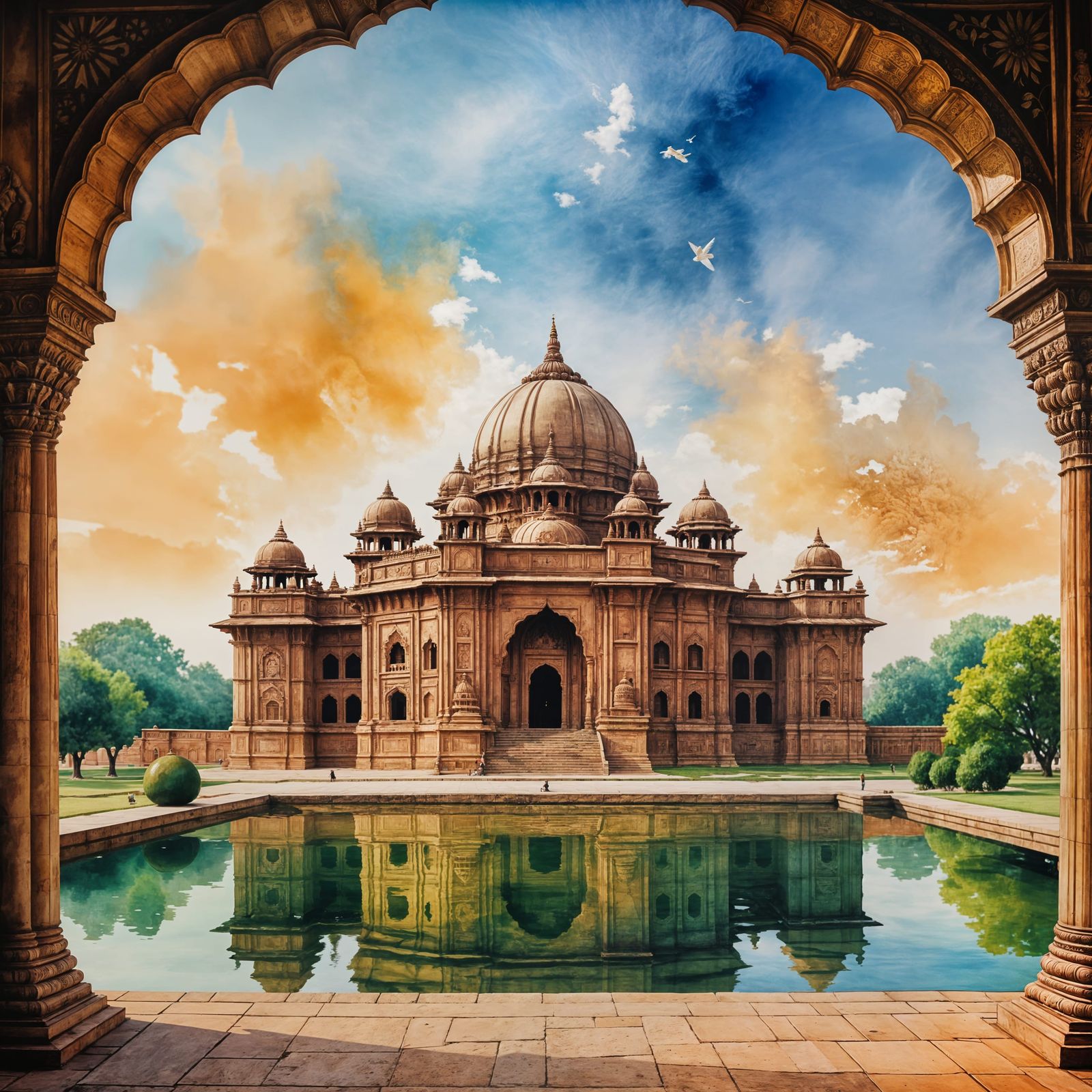 Akshardham Temple in Dramatic Watercolor Style