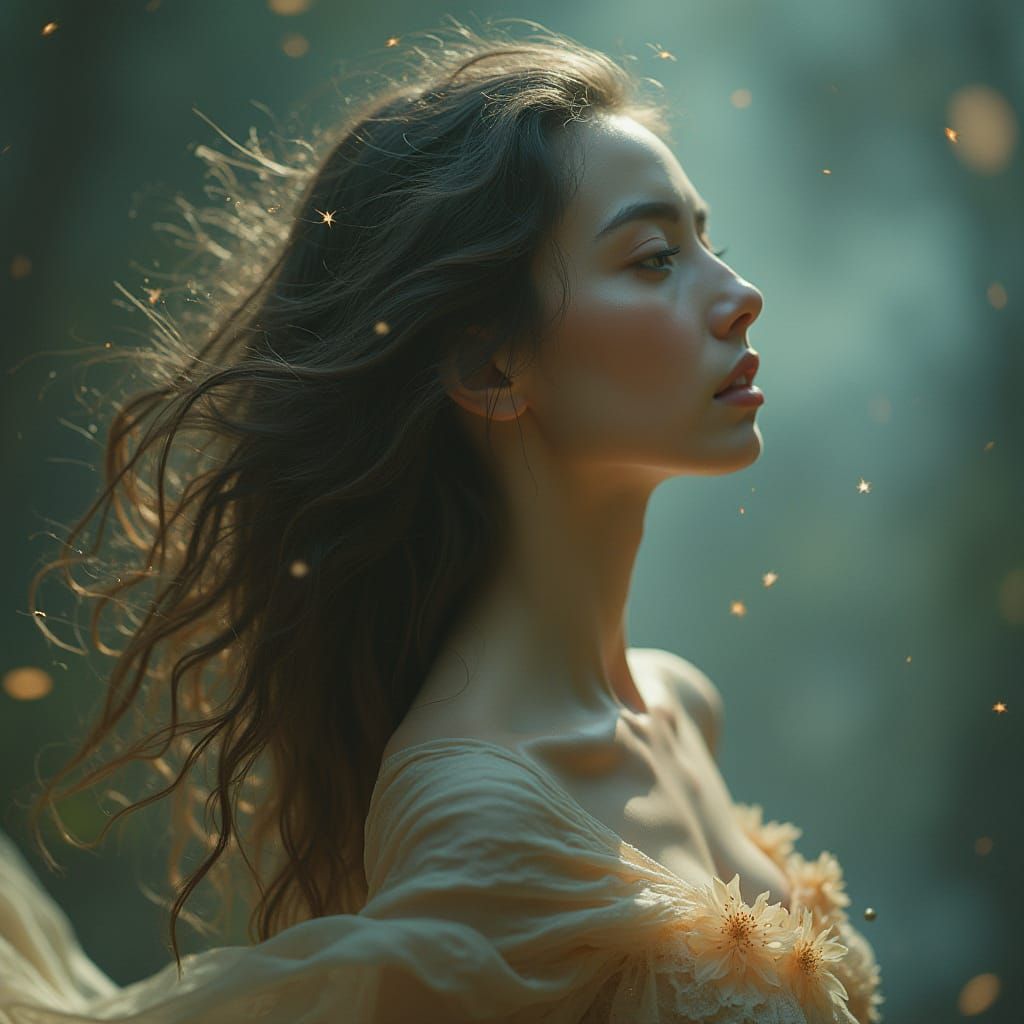 Ethereal Woman with Flowing Star Hair, Digital Art