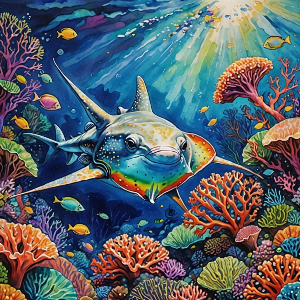 shiny rainbow color water color painting of stingray fish in...