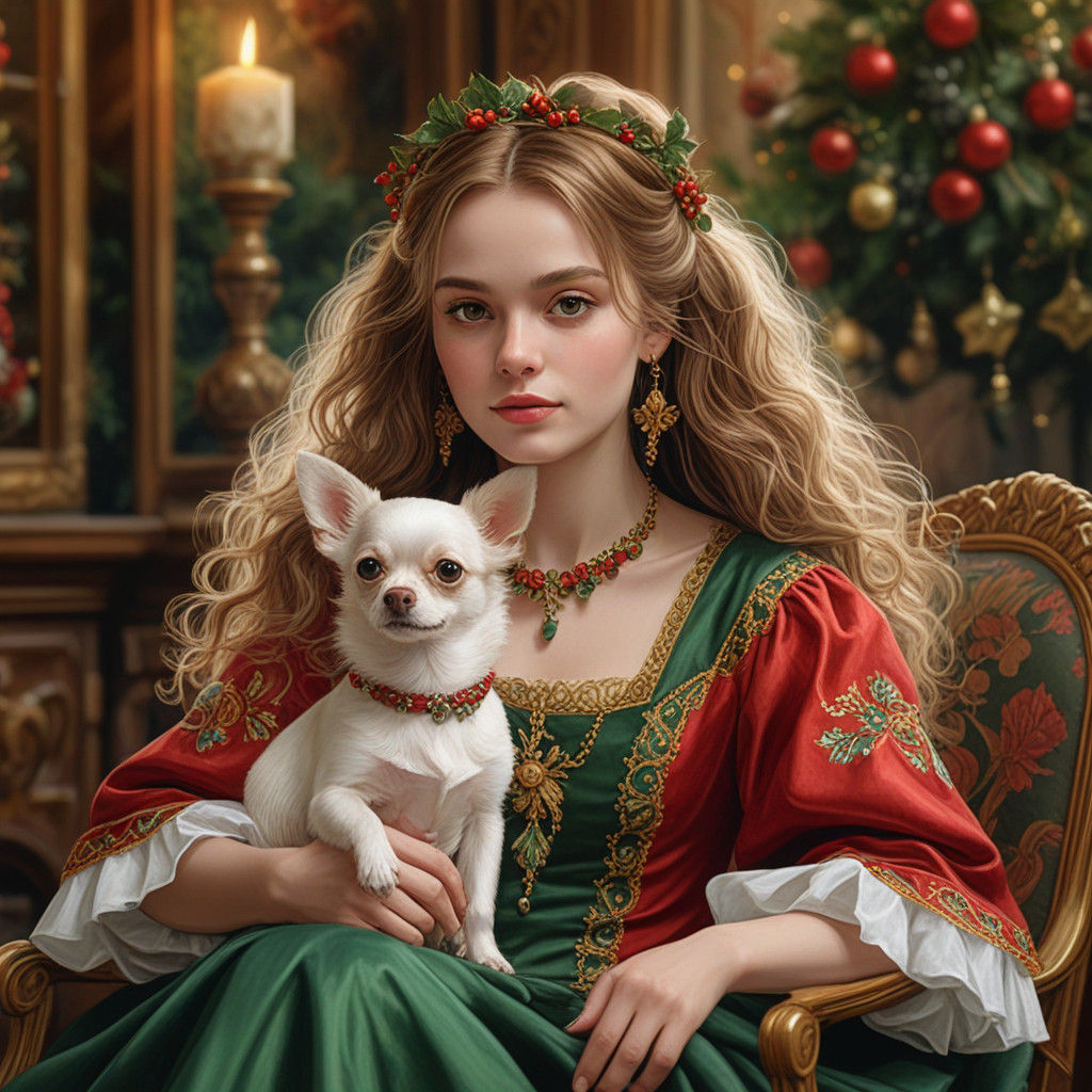 Elegant Victorian Woman with Christmas Dog in Ornate Setting