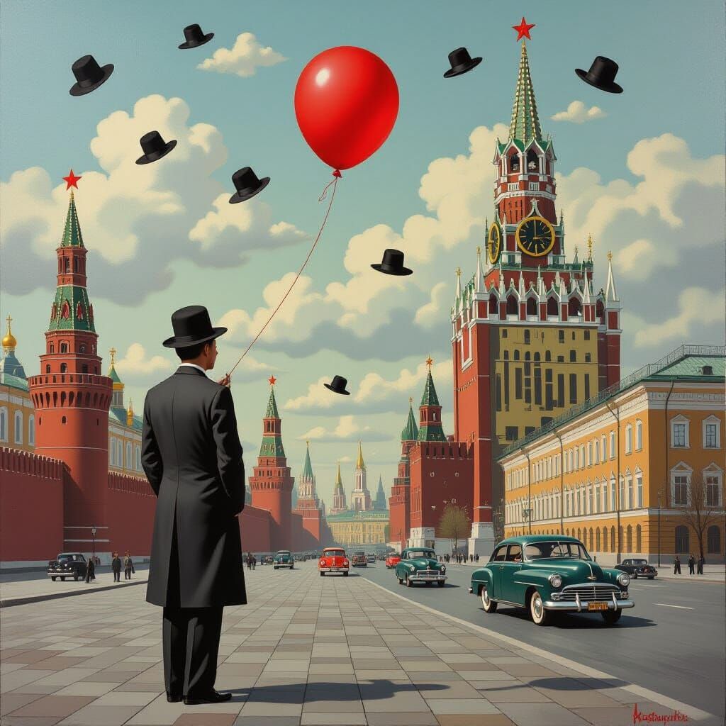 Surrealist Soviet Street Scene with Floating Hats