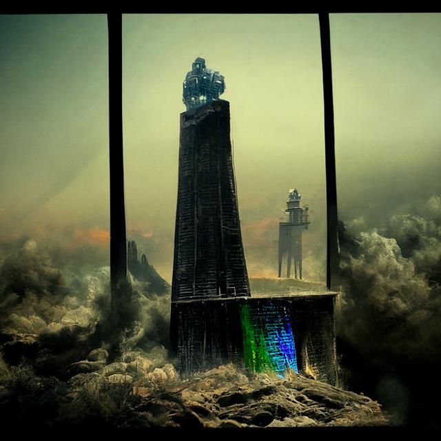 Ominous Lighthouse in Dystopian Brutalist Style