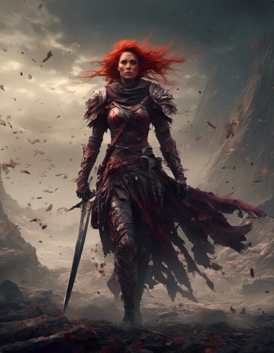 Red-Haired Warrior with Swords in Dark Fantasy Style