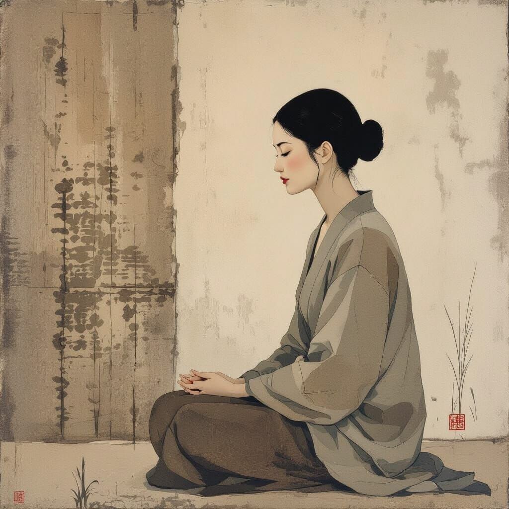 Serene Woman in Wabi-Sabi Style Contemplation