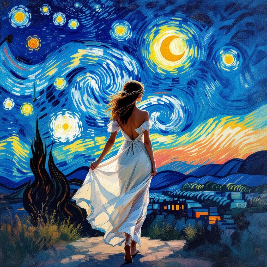 Woman Under Starry Sky in Art Nouveau Style