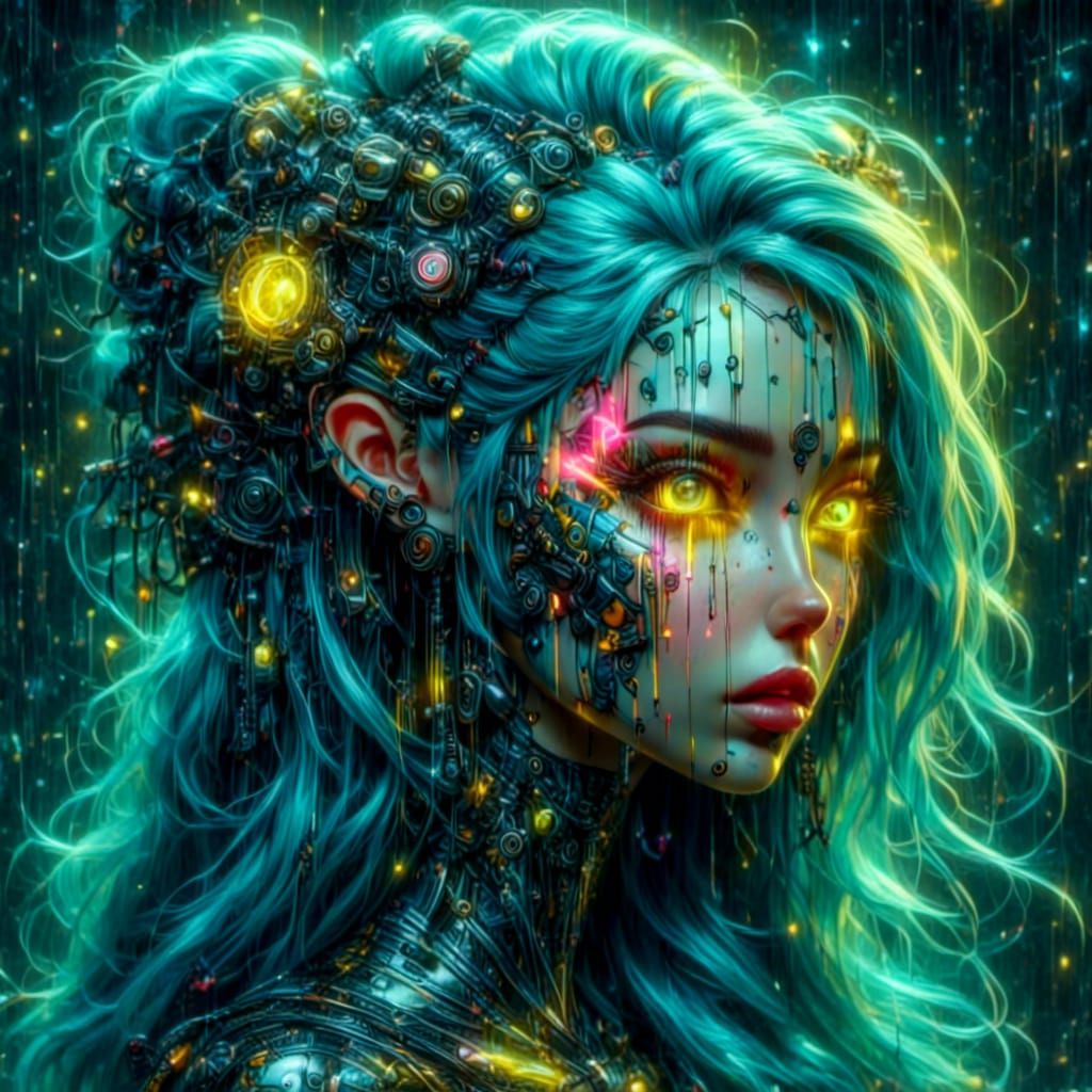 Cyberpunk Elf Pinup with Glowing Eyes