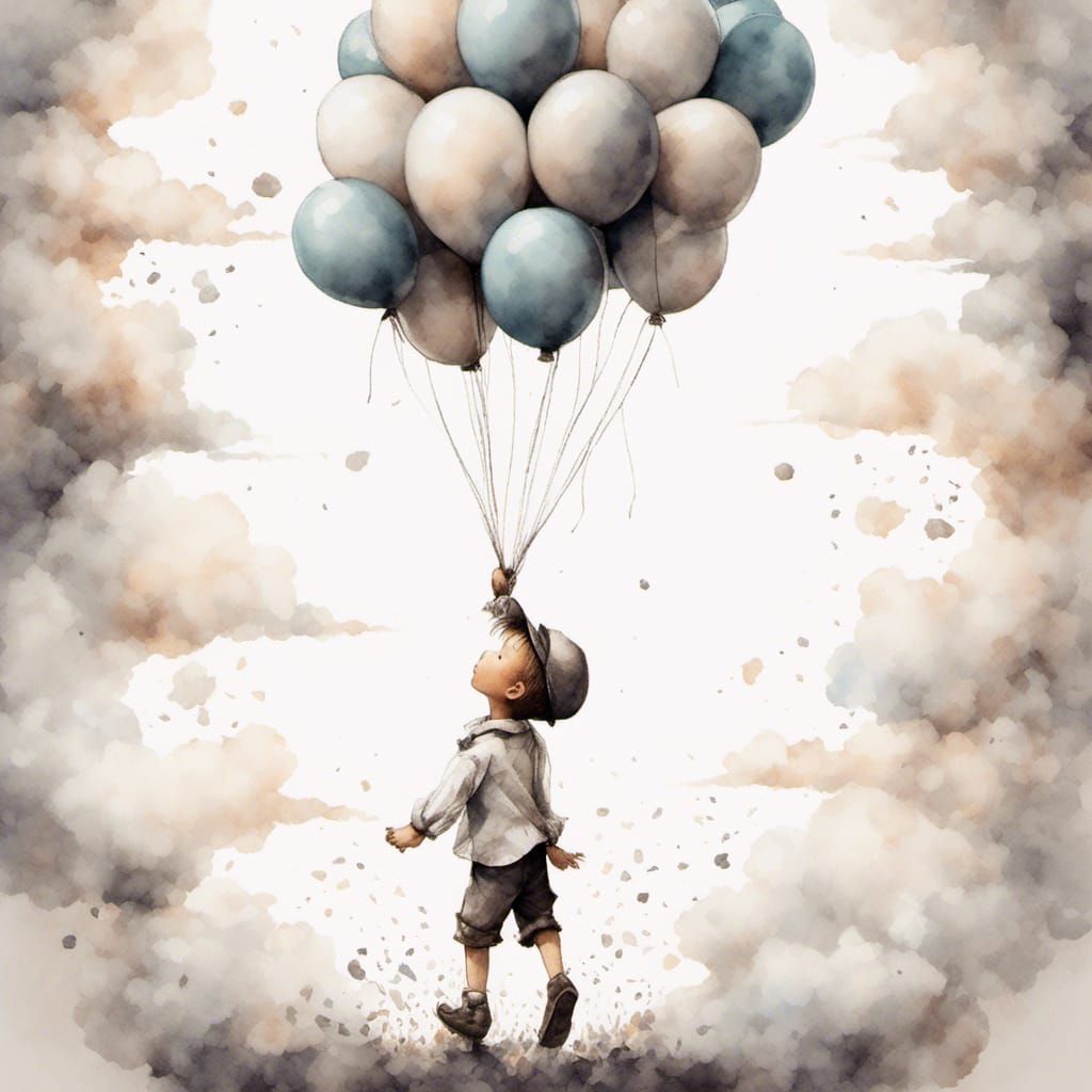 Charming Ink Wash: Boy Lifted by Balloon