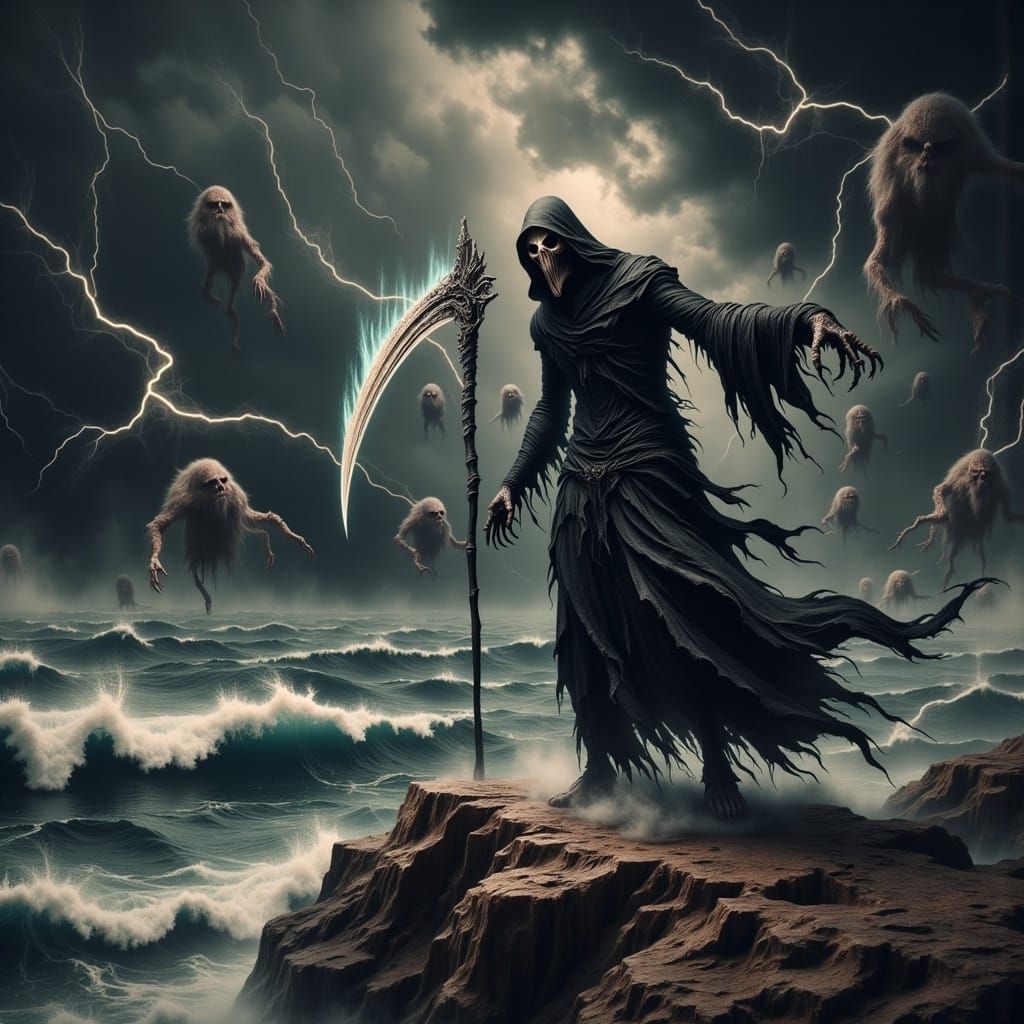 Grim Reaper Overlooking Stormy Sea with Lightning