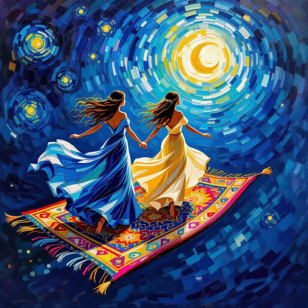 Two Goddesses Soar on Magic Carpet in Starry Sky