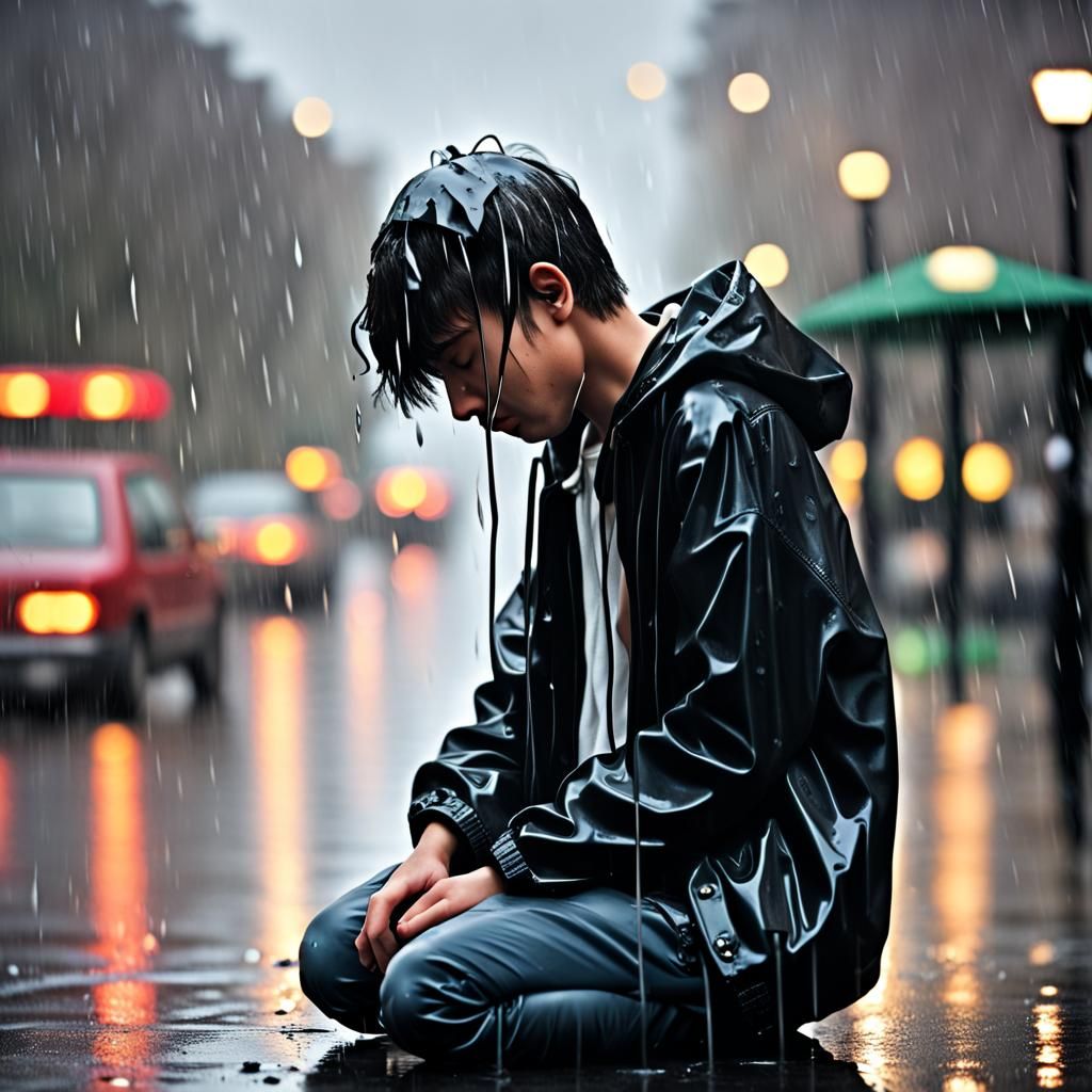 Boy Crying in Rain Listens to Music