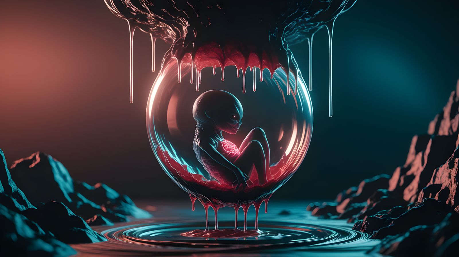 Eerie Alien Cocoon with Embryo in Ominous Light