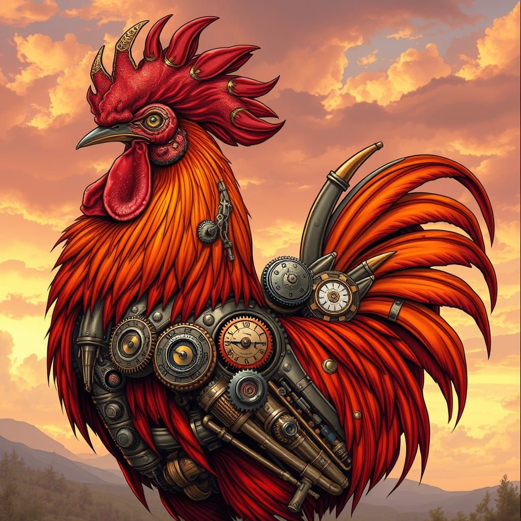 Mechanized Rooster Transcends Dawn in Bio-Mechanical Harmony