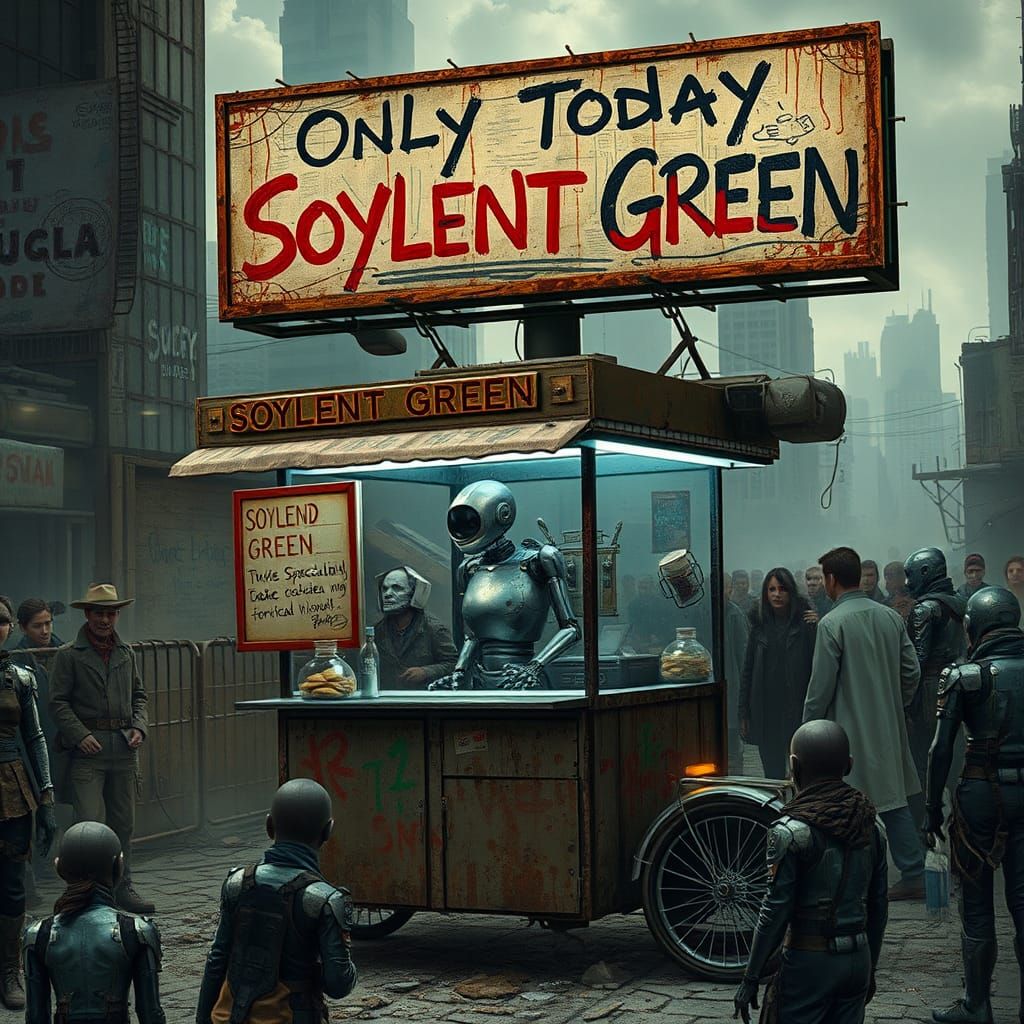 Robot Babe Street Vendor in Post-Apocalyptic City