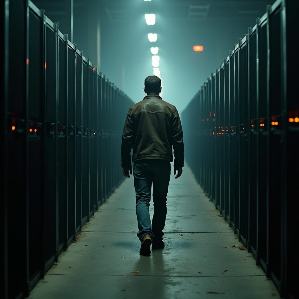 Cinematic Cryptominer in Industrial Warehouse Setting