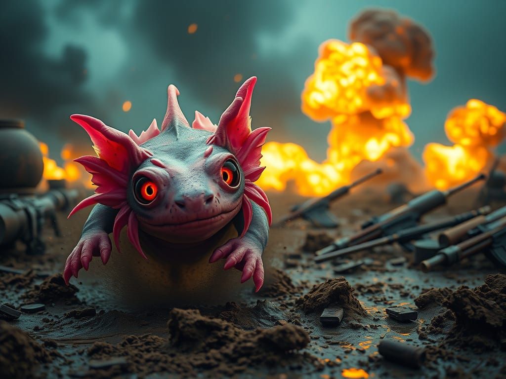 Warrior Axolotl Charges Forward in War-Torn Landscape
