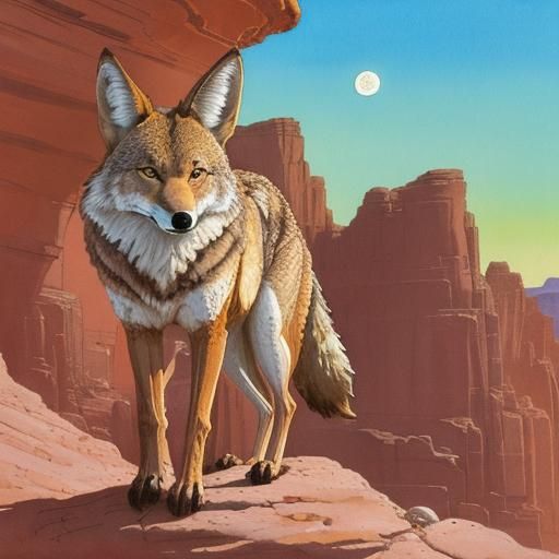 Coyote Howling at Moon in Desert Canyon
