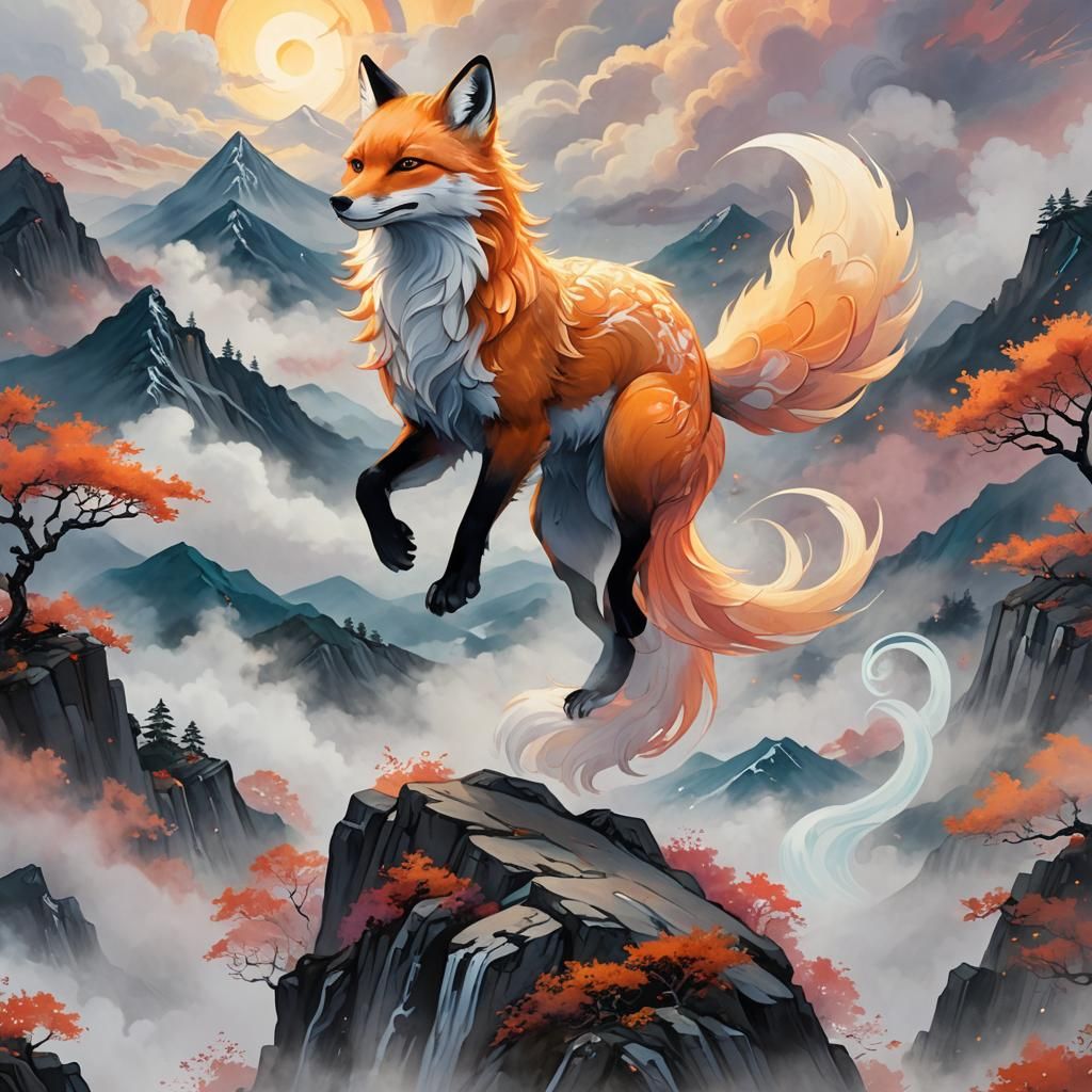 Mystical Nine-Tailed Fox in Japanese Folklore Style
