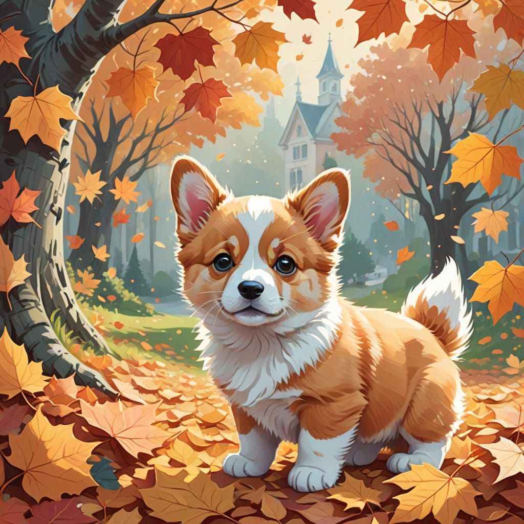 Cute Kitten and Corgi Puppy in Autumn Leaves Vector Art