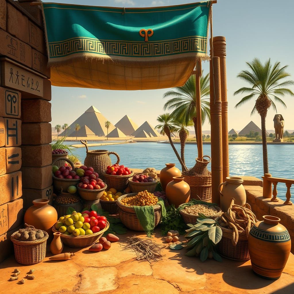 Egyptian Farmstand by Nile in Wall Painting Style