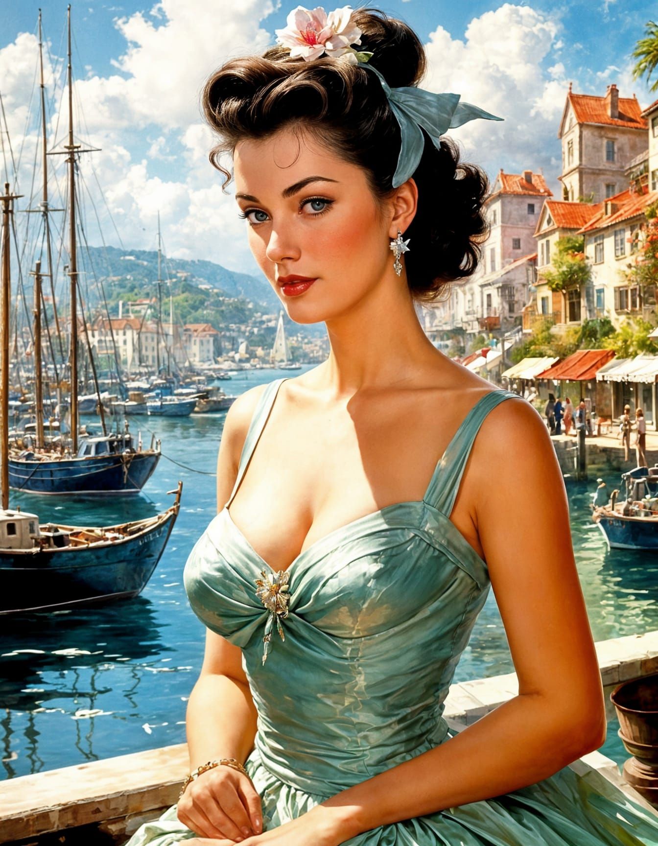 Sultry 50s Pin-up in a Springtime Harbor Scene