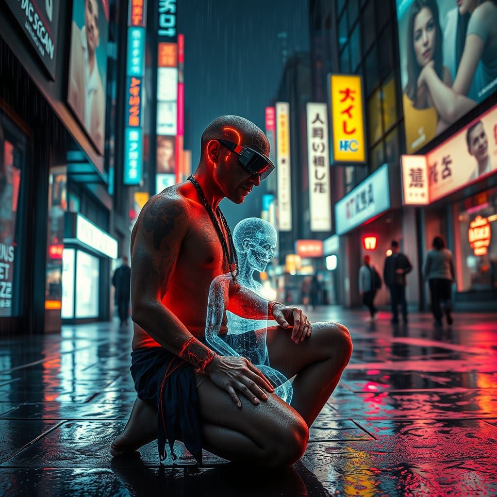 Cyber-Shaman Uploading Code in Neon City Alley