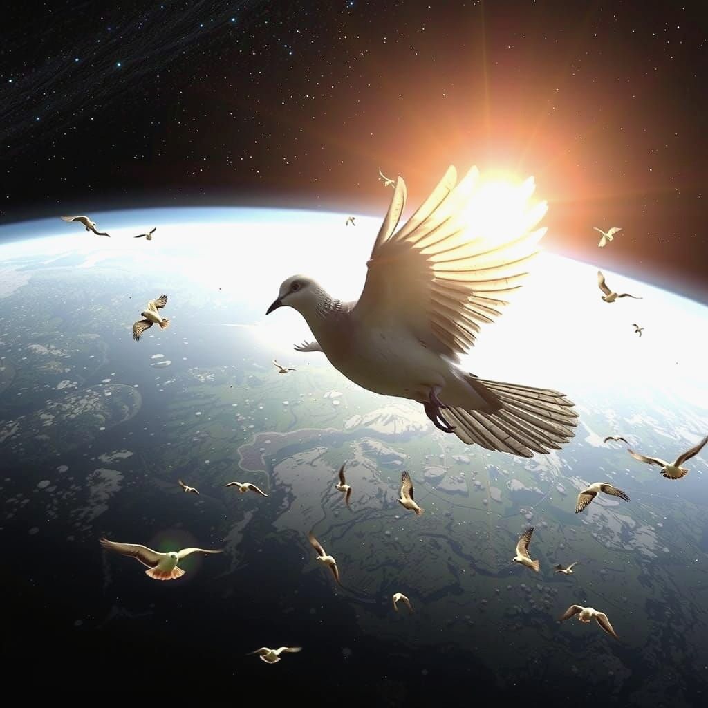 Dove Soars Through Cosmic Skies with Earth's Serene Glow