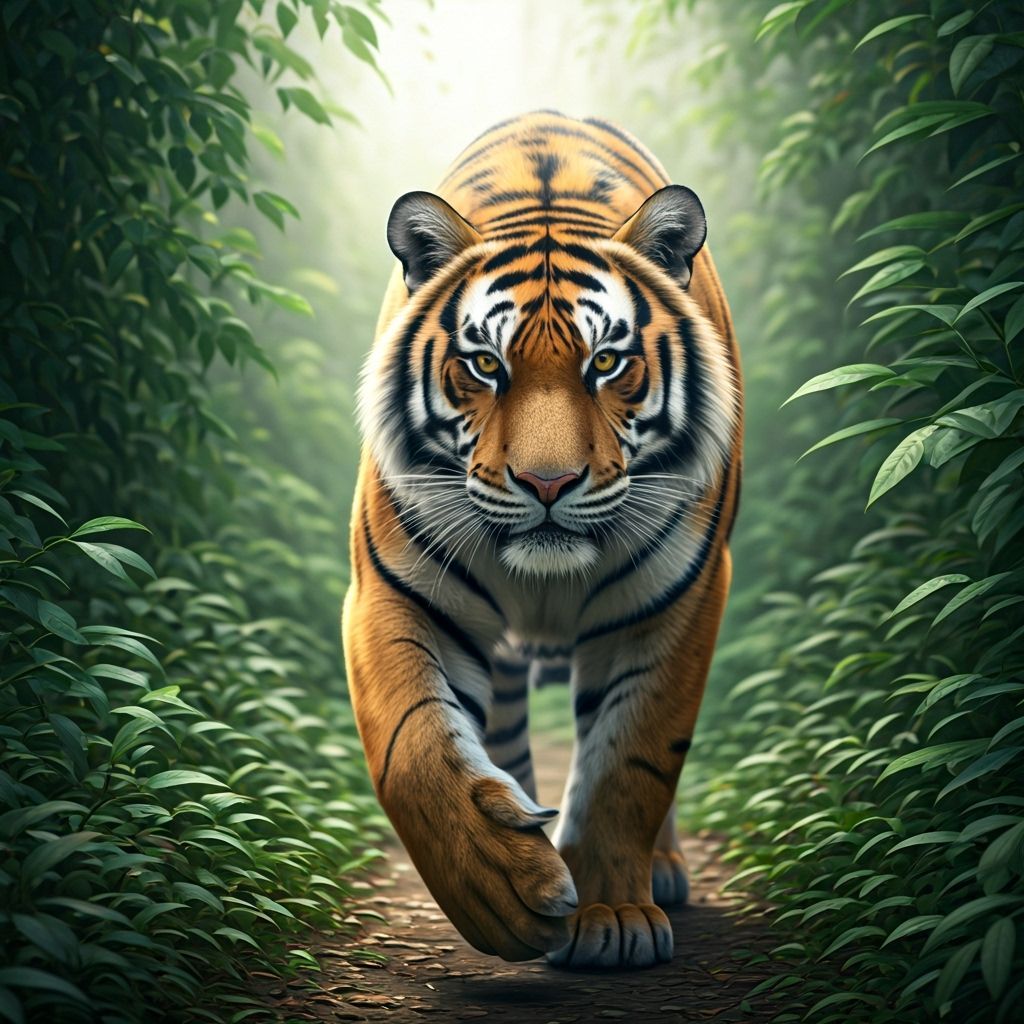 Majestic Bengal Tiger in Jungle Path: Photorealistic Video