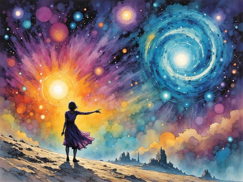 Dancing Figure Under Supernova in Sci-Fi Style