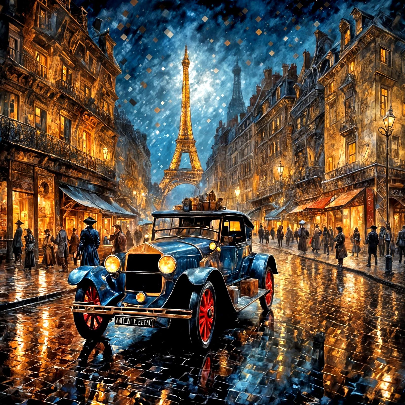 Nighttime Snowy Paris Street with Eiffel Tower