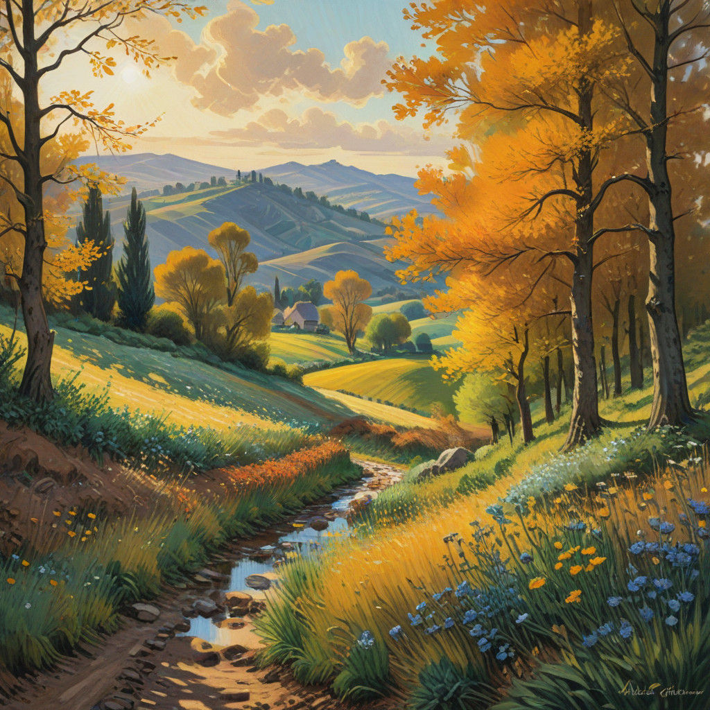 Warm Sunset Landscape in Thick Impasto Brushstrokes