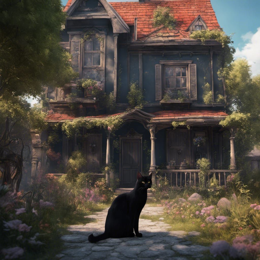 Black Cat in Yard: Fantasy Concept Art