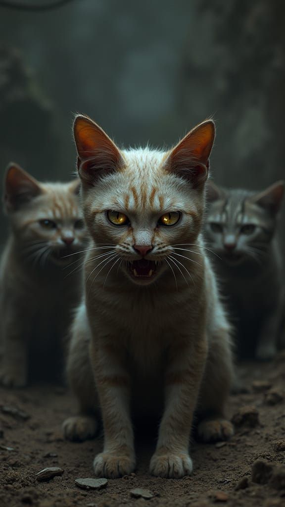 Menacing Cats with Glowing Eyes in Dark Ominous Setting