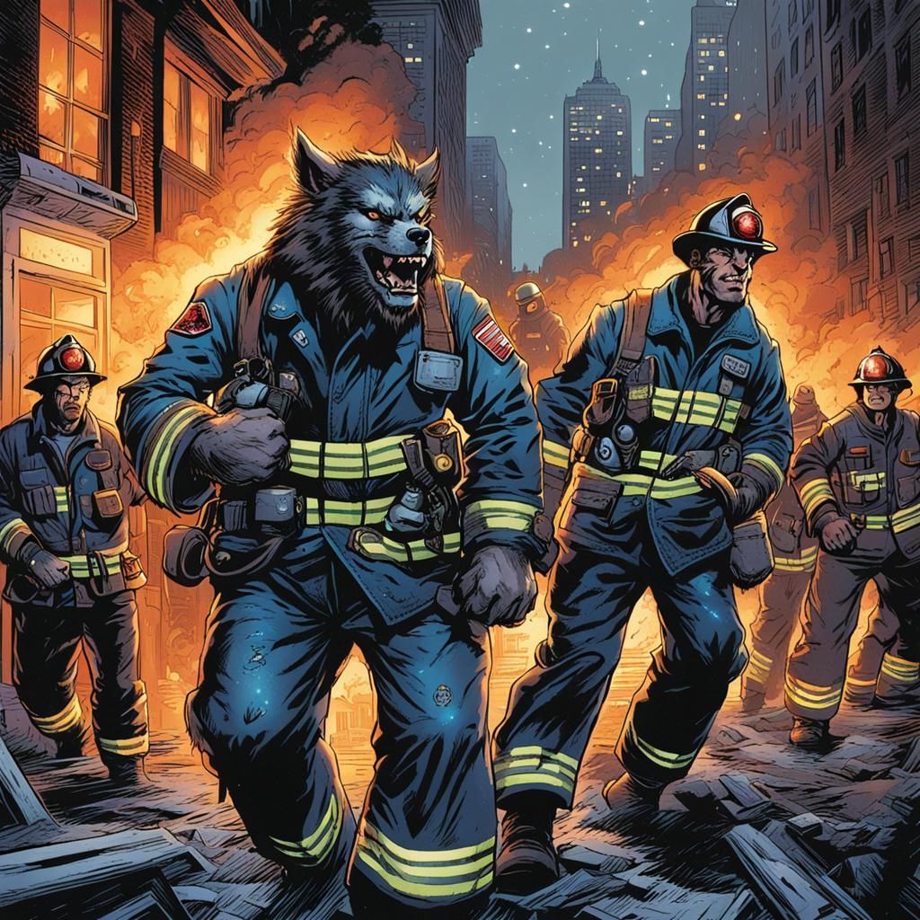 Werewolf Fireman in NYC, Comic Book Art