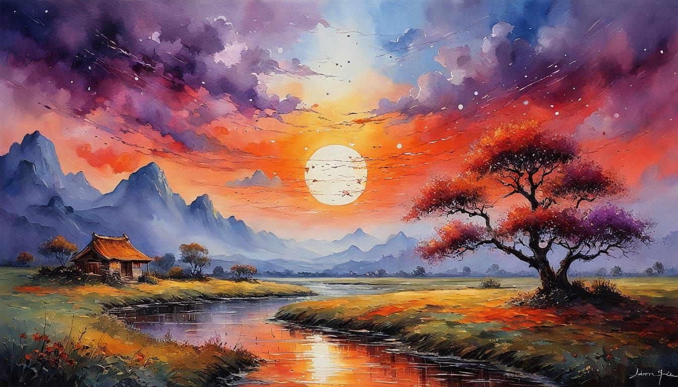 Chinese Landscape Sunset in Impressionistic Style