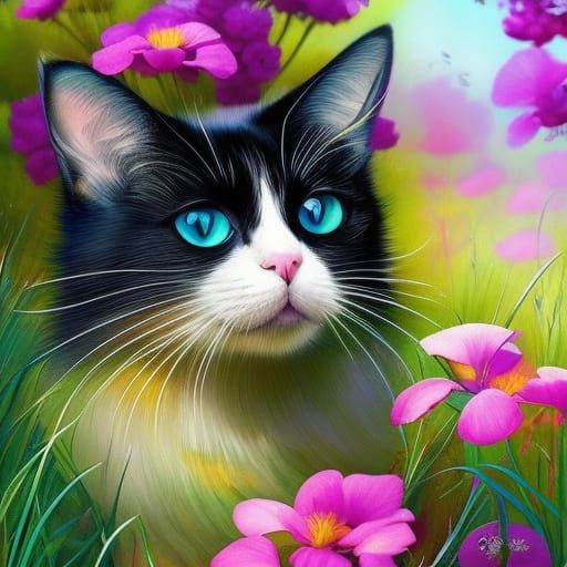 Cat Surrounded by Flowers: Watercolour Splash Art