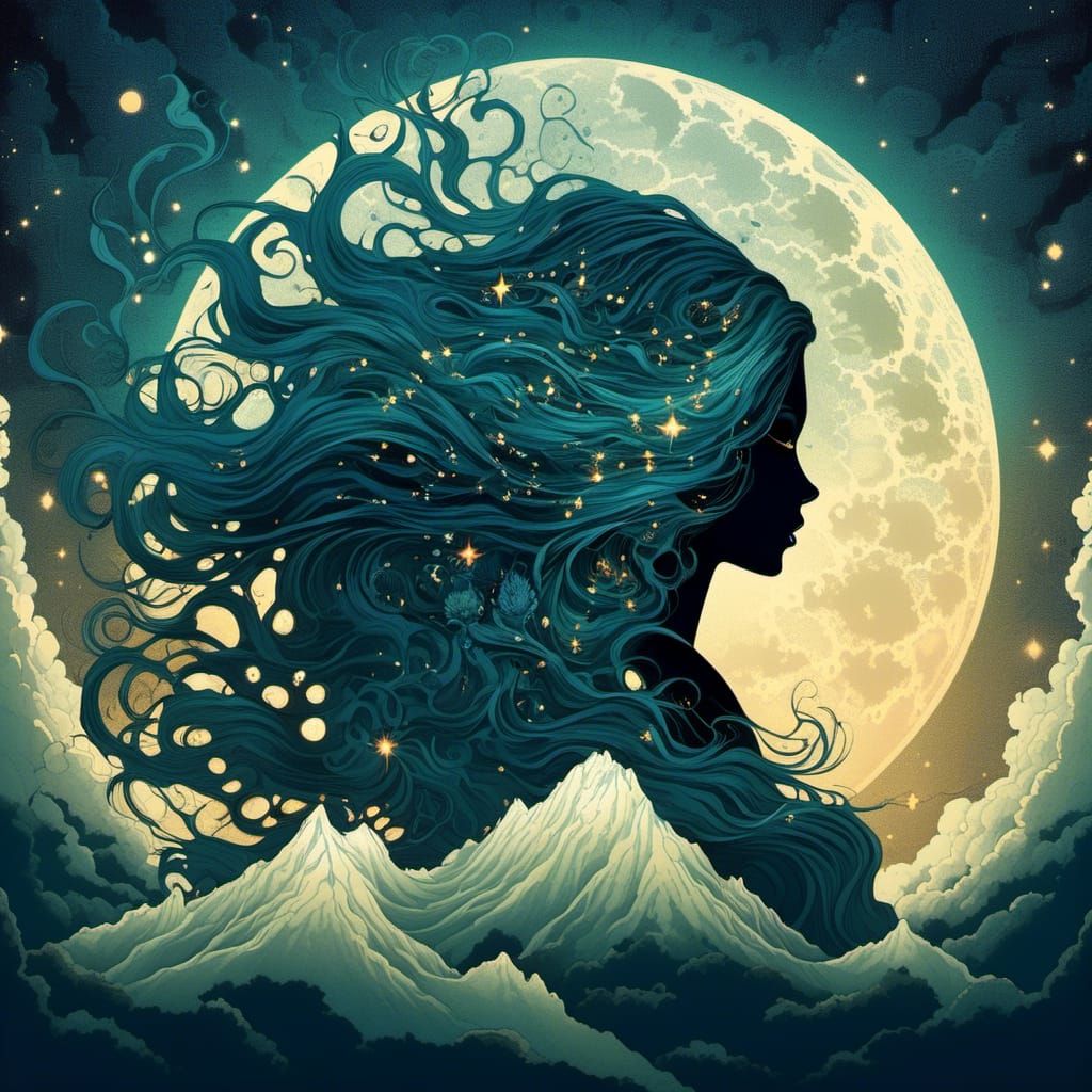 Elven Goddess Silhouette in Dreamy Night Sky