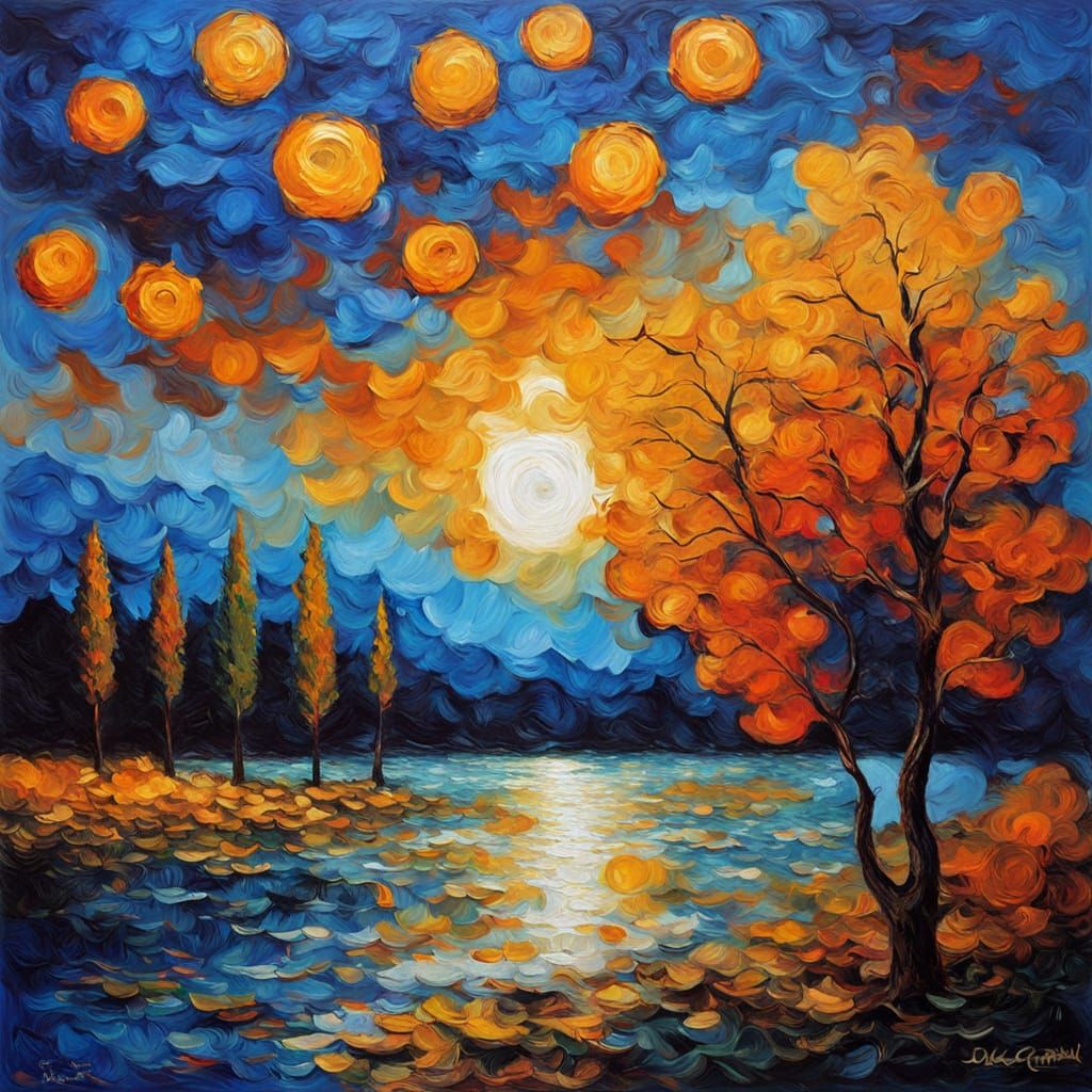 Neo-Impressionist Double Moon Lake Oil Painting