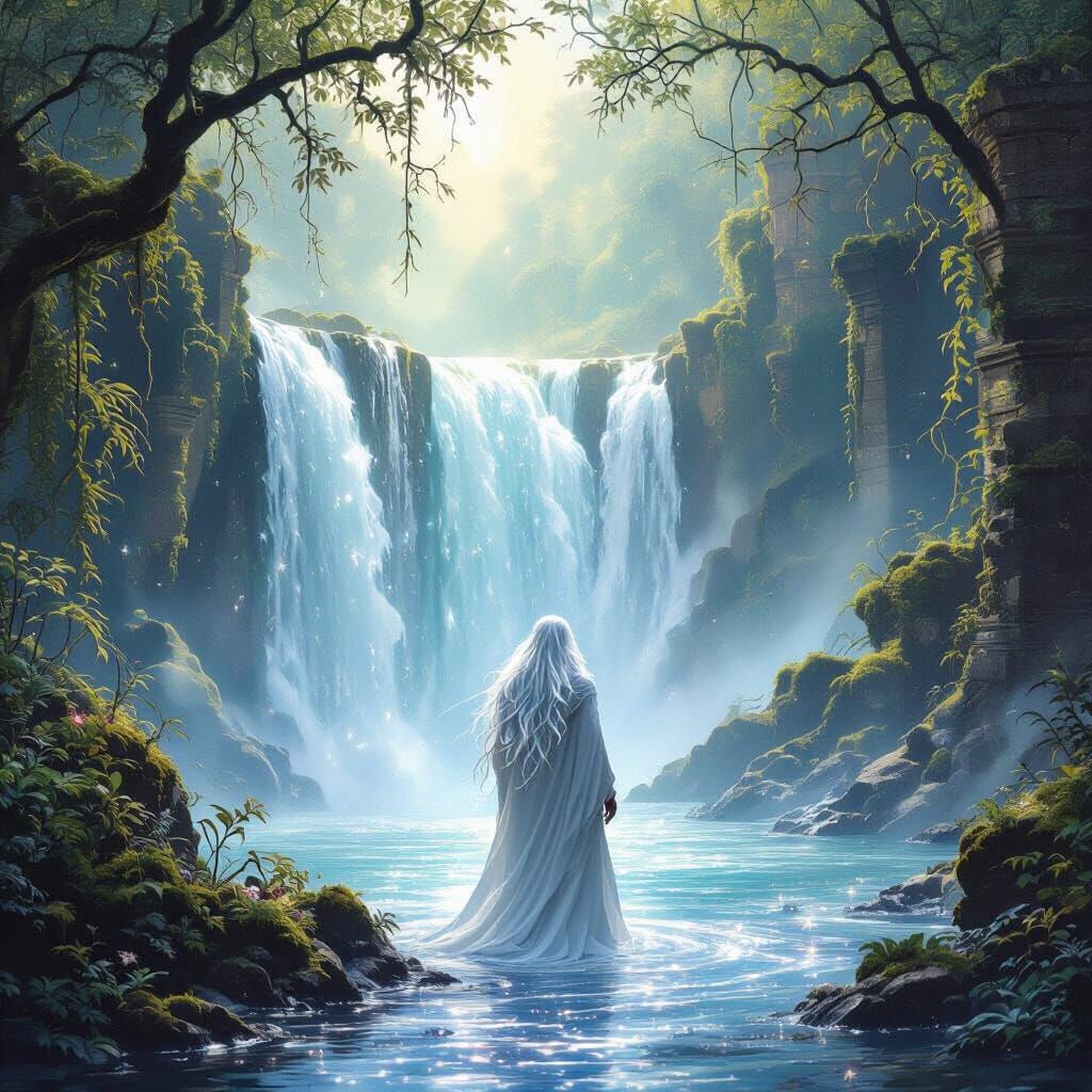Mystical Waterfall Scene with Ethereal Gay Man