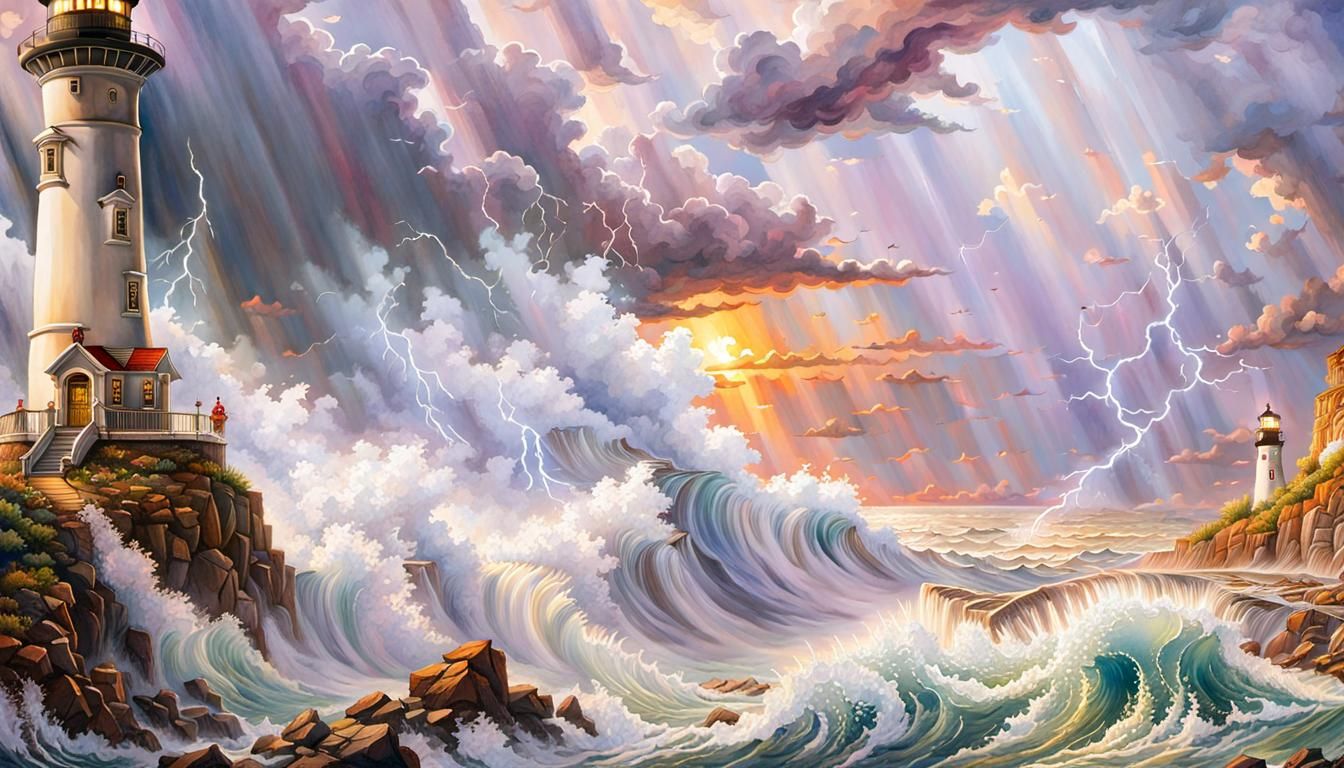 Lighthouse in Sunset Storm: Fantasy Art