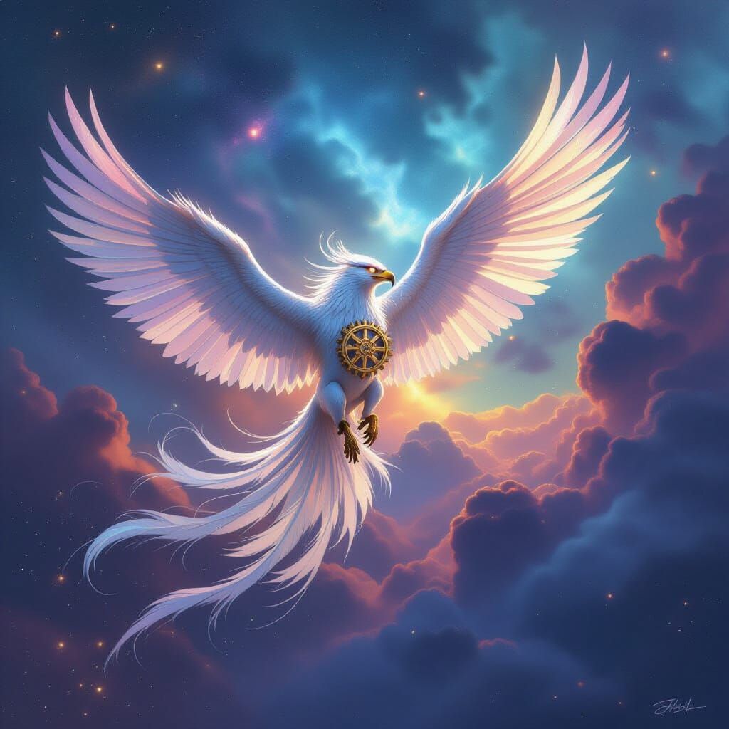 Clockwork Gryphon Soaring Through Nebula Sky