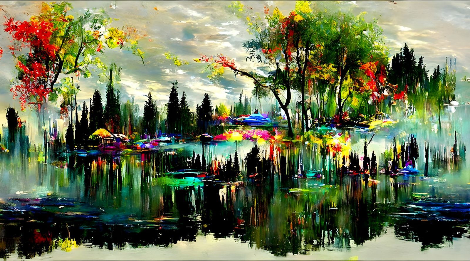 Vibrant Expressionism Lake Scene with Starry Sky