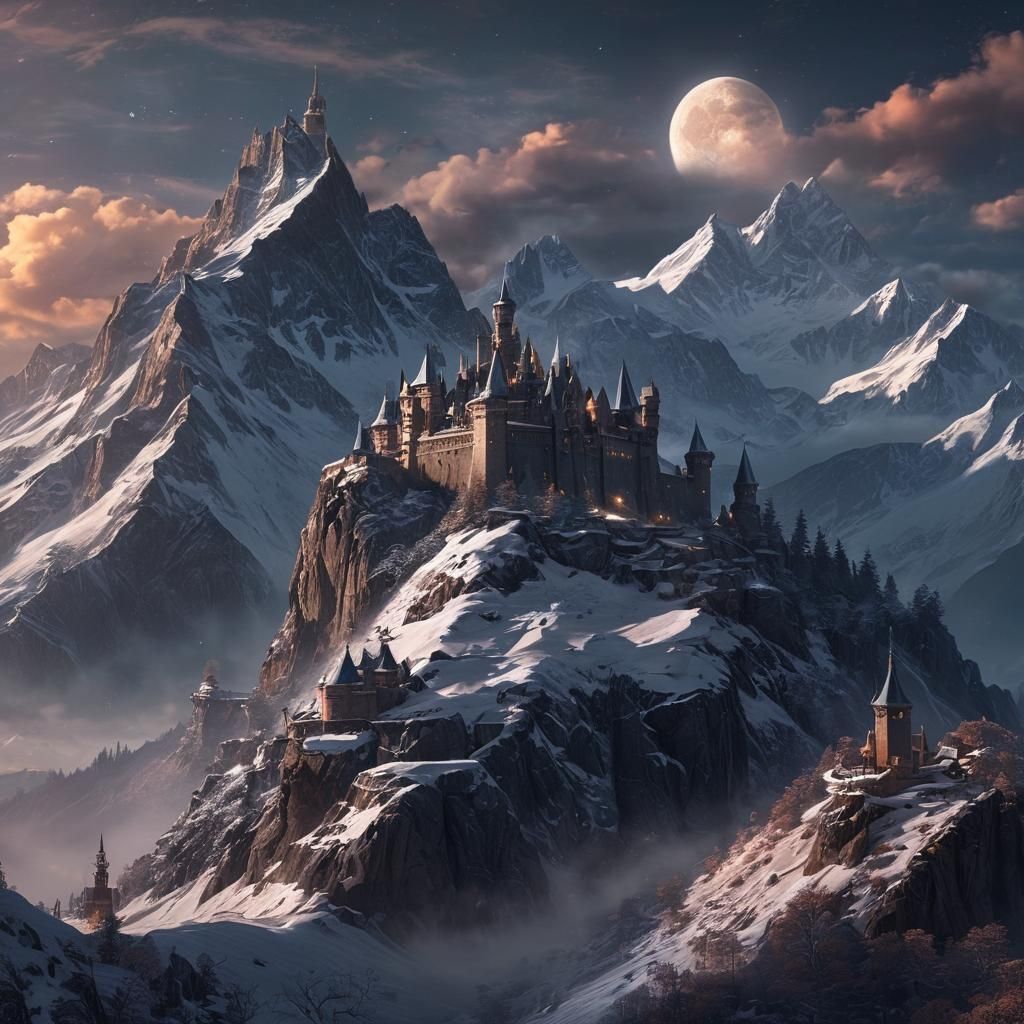 Epic Fantasy Castle on Mountain in Moonlight