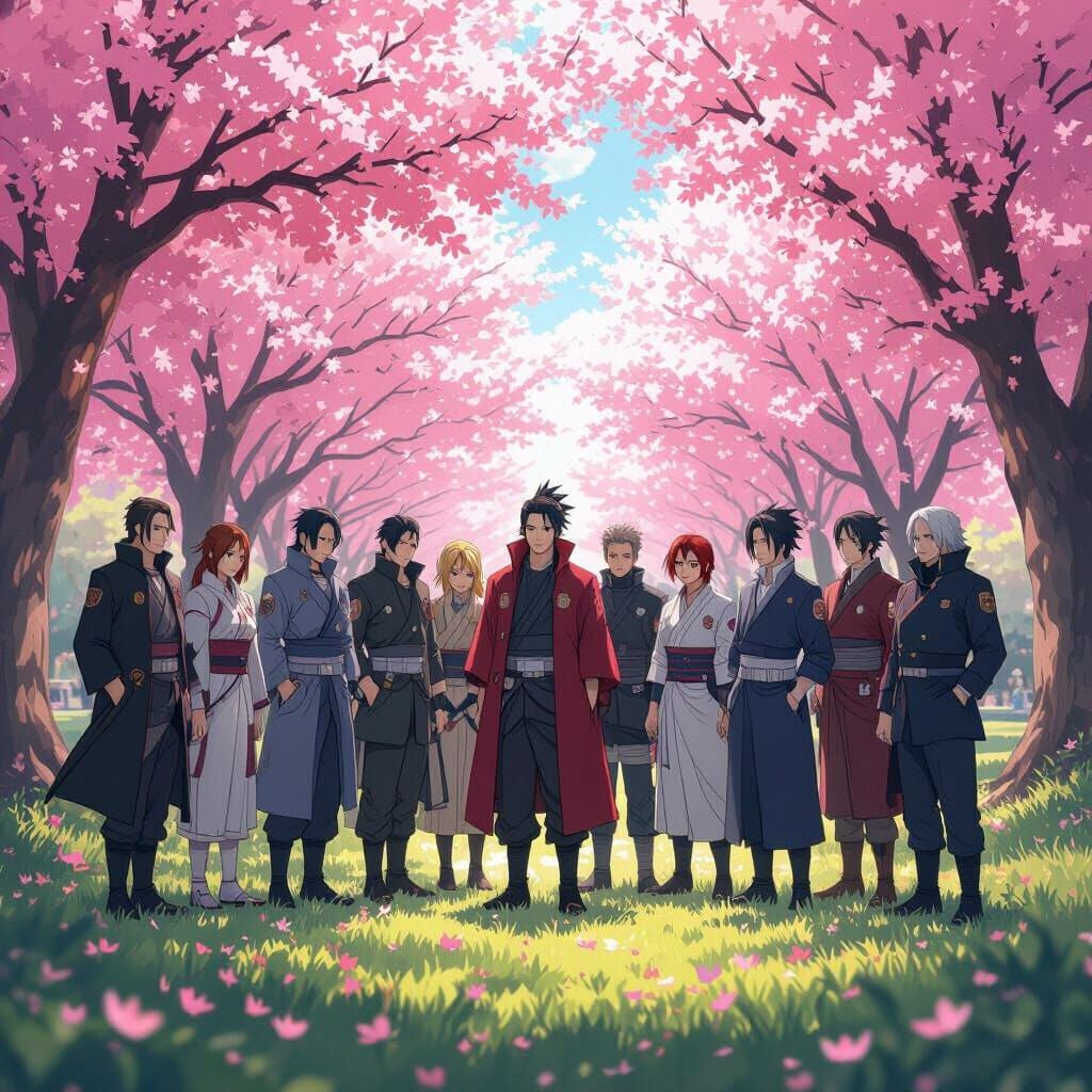 Anime Characters Pose in Sakura Park, Cel-Shaded Style
