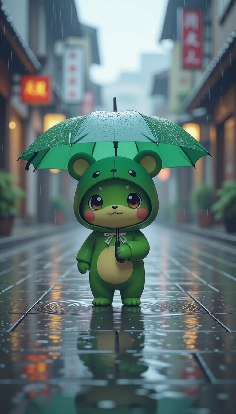 Lost Green Umbrella in Rainy Cityscape: Photorealistic