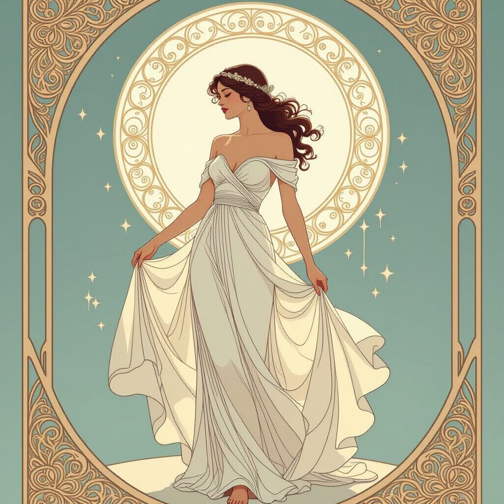 Ethereal Woman in White Dress: Art Nouveau Style